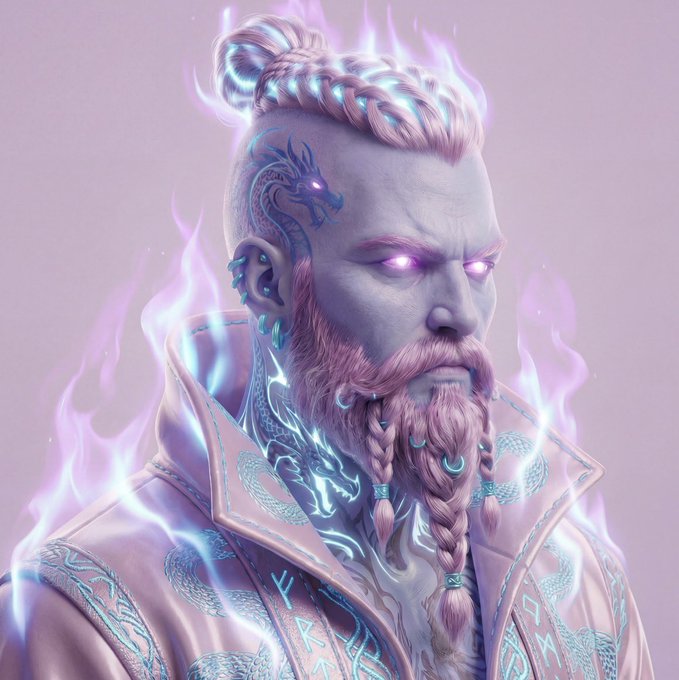 A pale-skinned warrior with braided pink hair and beard, glowing purple eyes, and a dragon tattoo on his temple stands surrounded by ethereal violet flames, wearing an ornate pale coat adorned with runic inscriptions. The image serves as a mystical, fantasy-themed profile picture that complements the post's theme of joining a "Realm" and NFT community, evoking a sense of magical membership and otherworldly belonging.