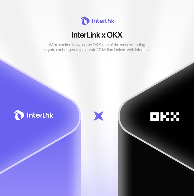 A promotional graphic featuring the InterLink and OKX logos side by side, with the text "InterLink x OKX" and "We're excited to welcome OKX, one of the world's leading crypto exchanges, to celebrate 10 Million Linkers with InterLink" displayed between the two branding panels to announce their partnership.