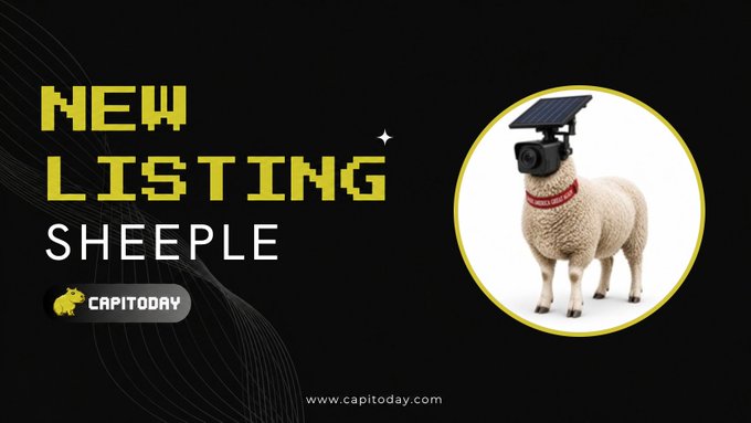 A promotional graphic for "CAPITODAY" announcing a "NEW LISTING" for "SHEEPLE," featuring a sheep with a security camera and solar panel mounted on its back.