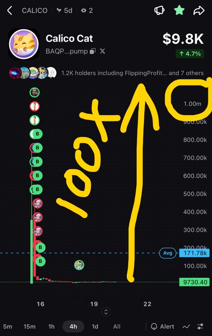 A screenshot of a trading app shows 'Calico Cat' (BAQP...pump) with a market cap of $9.8K and a 4.7% increase, with yellow handwritten annotations pointing upward and reading '100x' and '0'.