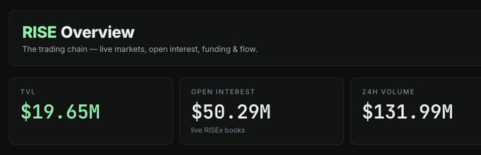RISE Overview dashboard displaying 'The trading chain — live markets, open interest, funding & flow' with metrics: TVL $19.65M, Open Interest $50.29M (live RISEx books), and 24H Volume $131.99M.