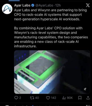The image features a screenshot of an announcement made by Ayar Labs about Wiwynn, who is potentially providing CPO (Computer Parts Optimization) support related to rack-scale AI systems. Ayar Lab's announcement indicates that they are working with Wiwynn Cloud clients and have been in talks about deploying TPUs for various reference architectures. The post emphasizes this information as it relates to a Twitter account, where the content is posted on a timeline.