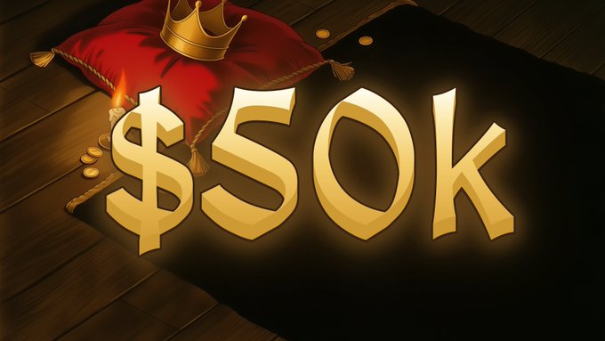 A 3D illustration featuring golden text '$50K' next to a red velvet pillow with a gold crown and scattered coins.