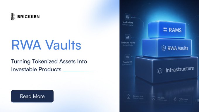 A promotional banner for 'BRICKKEN' advertising 'RWA Vaults - Turning Tokenized Assets Into Investable Products' with an infographic showing RAMS, RWA Vaults, and Infrastructure tiers.