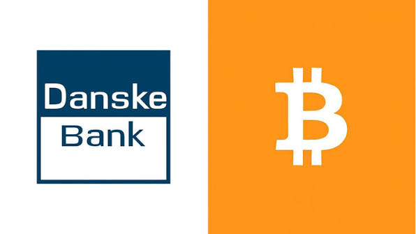 The Danske Bank logo in navy blue and white is displayed alongside the orange Bitcoin (₿) logo on a split background.