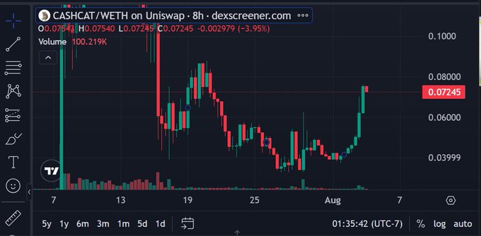 A candlestick chart of CASHCAT/WETH on Uniswap showing a current price of 0.07245 (-3.95%) with a volume of 100.219K.