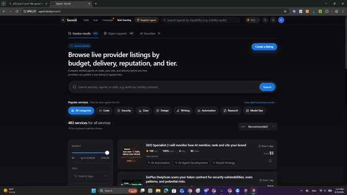 Screenshot of the Termix platform showing its 'Service results' page with search functionality for AI services and a listing for 'GEO Specialist' offering AI risk management.