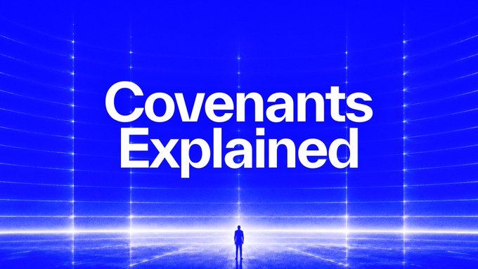 The image features bold white text reading "Covenants Explained" against a blue background with a small silhouette of a person standing on a glowing horizon, visually reinforcing the post's introduction to Nillion's covenant mechanism for encrypted onchain instructions.
