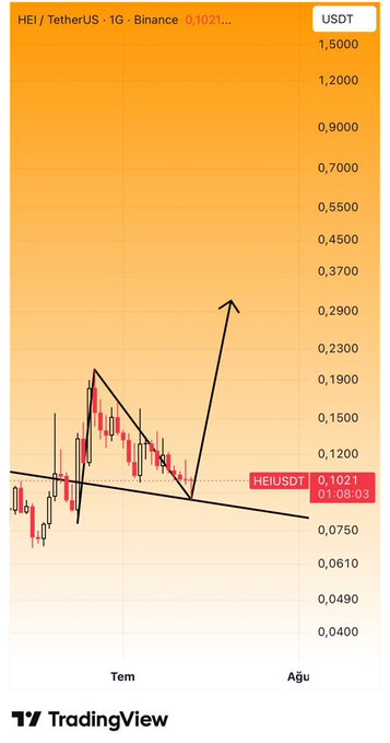 A TradingView chart of HEI/USDT on Binance shows a descending triangle pattern around $0.1021, with a hand-drawn arrow projecting an anticipated breakout to higher resistance levels near $0.2900.