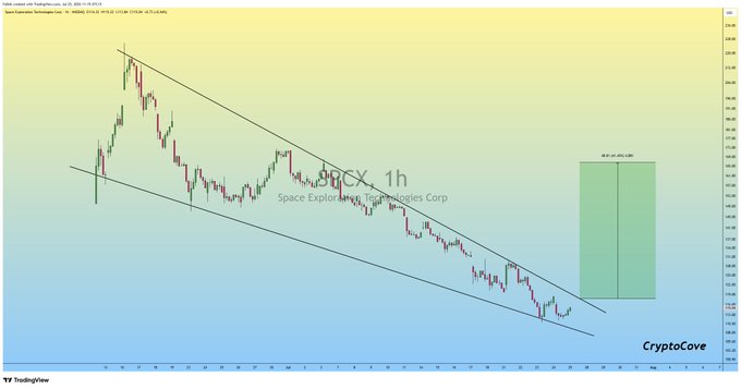 The image shows a 1-hour candlestick chart of $SPCX (Space Exploration Technologies Corp) on TradingView, displaying a descending channel pattern with price action breaking toward the upper trendline, accompanied by a projected green bullish target box on the right side suggesting an expected upward move of around 11.93%, aligning with the post's claim that the stock has bottomed out and is ready to bounce back.