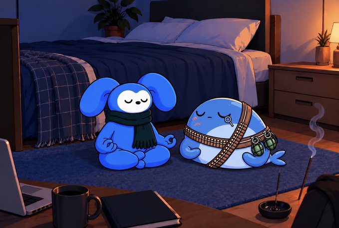 A digital illustration shows two blue, round cartoon characters in a meditative state in a bedroom; one wears a scarf and the other is dressed like a soldier with grenades, with a laptop, notebook, mug, and incense on a desk in the foreground.