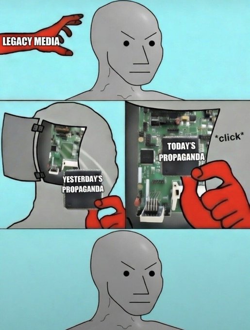 This image is of a comic series of three panels depicting a bald character opening an envelope. The envelope contains circuit boards labelled, "Today's Propaganda." The panel showing the bald man opening the envelope has a label saying, "Yesterday's Propaganda." A red hand with Legacy Media written across it appears in the top panel.