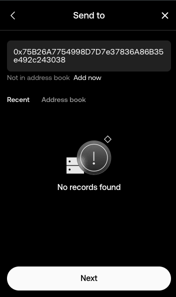 A dark-themed 'Send to' screen from a mobile crypto wallet interface showing a long alphanumeric wallet address beginning with '0x75B26A', labeled 'Not in address book', with 'No records found' displayed below.