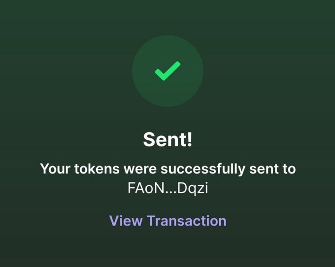 A dark green screen displays a confirmation message with a checkmark reading 'Sent! Your tokens were successfully sent to FAoN...Dqzi' with a 'View Transaction' link below.