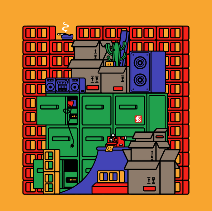 A colorful cartoon illustration depicts a cluttered storage room filled with moving boxes, green filing cabinets, a boombox, speakers, a cactus, and a halfpipe ramp, all set against a yellow background.