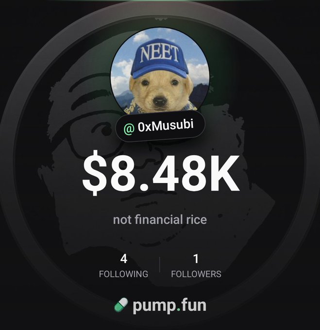 A pump.fun profile showing a dog wearing a "NEET" cap with the handle "@0xMusubi", a market cap of "$8.48K", labeled "not financial rice", with 4 following and 1 follower.