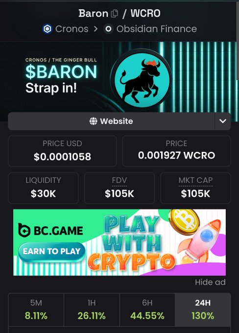 A screenshot of a crypto trading page displaying the Baron (WCRO) token on the Cronos network via Obsidian Finance, showing a price of $0.0001058 (0.001927 WCRO) with a staggering 130% gain over 24 hours. The image visually supports the post's celebratory message about a major pump for the $CRO community, highlighting the token's dramatic price surge.