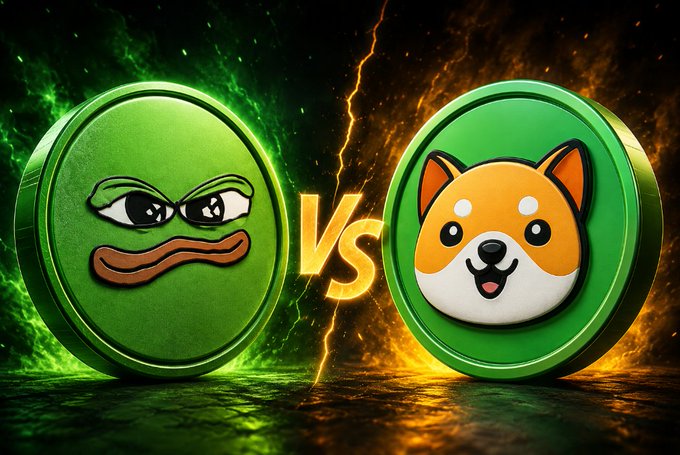 A dramatic 'VS' graphic showing two green cryptocurrency coins facing off: one featuring the Pepe the Frog meme character and the other displaying a Shiba Inu dog face, set against a fiery background with lightning.