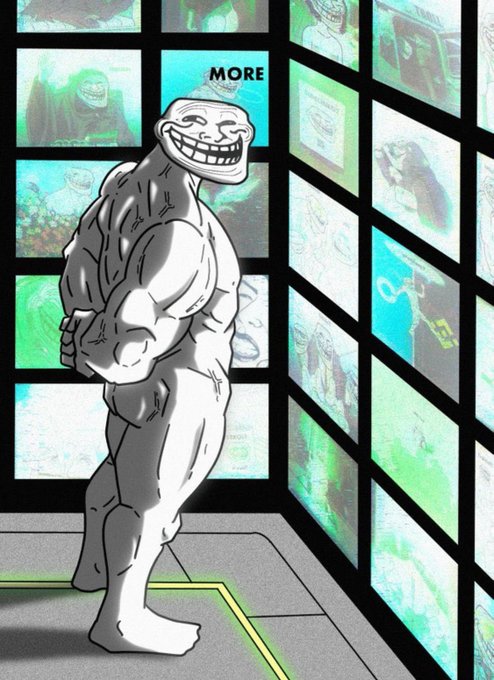 An illustrated muscular troll face character standing in a room surrounded by walls of glowing green monitors displaying other troll memes, with the word "MORE" at the top.