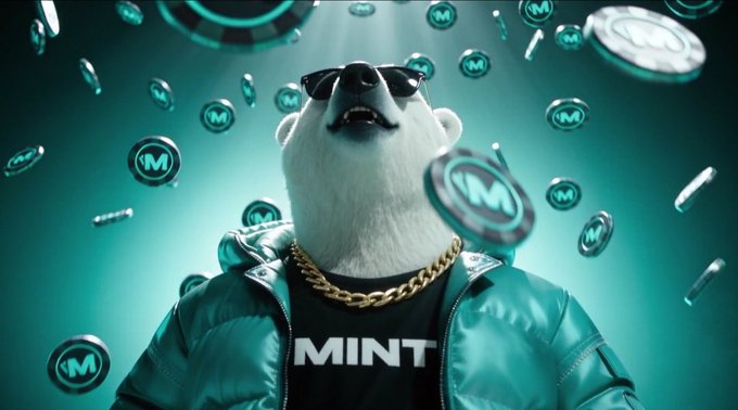 A 3D-rendered polar bear wearing sunglasses, a gold chain, and a teal puffer jacket with 'MINT' on the shirt, surrounded by floating tokens marked with an 'M' logo.