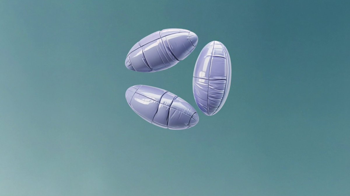 The image features three purple balls floating in a blue sky. The balls are arranged in a circular pattern, with one ball positioned at the top left corner of the frame, another at the bottom right corner, and the third one slightly above the other two. The background is a light blue color that complements the purple balls well.