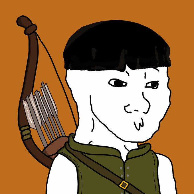 A cartoon character with a bowl haircut, wearing a green vest, carries a bow and quiver of arrows on their back against an orange background.