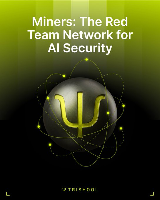 A graphic design titled 'Miners: The Red Team Network for AI Security' featuring a green atom-like logo with the Greek letter Psi (Ψ) and the word 'TRISHOOL' at the bottom.