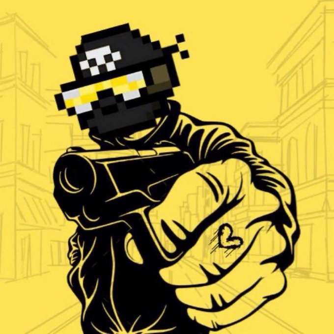 A stylized yellow and black illustration of a muscular figure pointing a gun, with a pixelated face wearing pixelated sunglasses and an antenna.