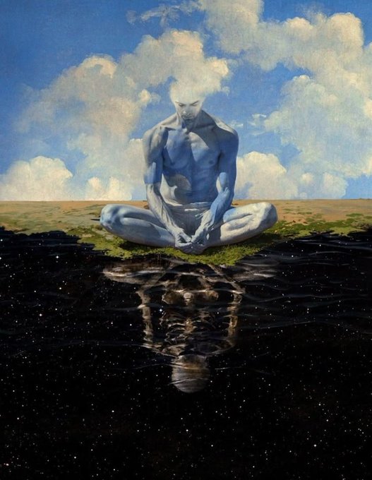 A surreal painting depicts a pale blue, meditative figure sitting cross-legged on a small patch of grass that appears to float above a dark, starry void, with the figure's reflection mirrored in the watery surface below.