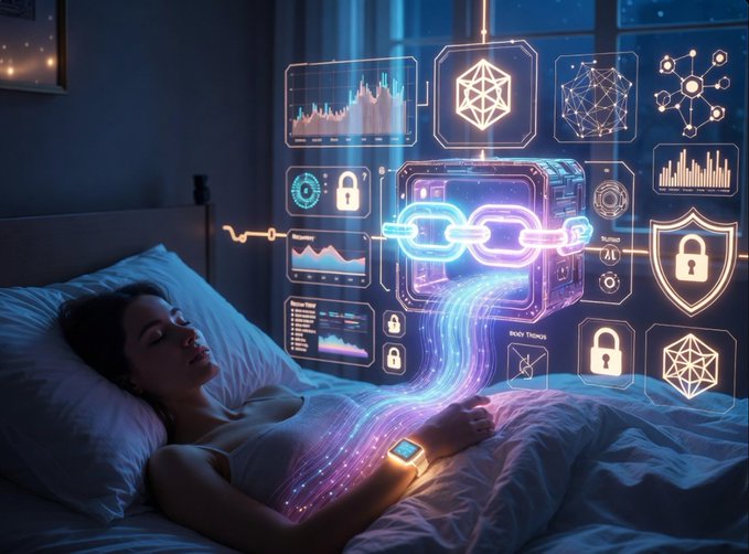 A woman sleeps peacefully in bed while glowing holographic blockchain and security interfaces, including padlocks and network nodes, project above her.