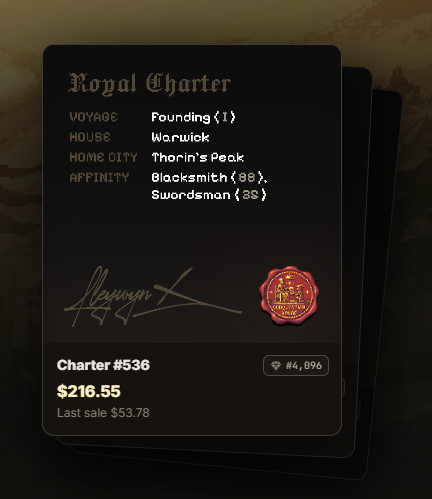 A digital "Royal Charter" card displays details for a Founding voyage in the Warwick house from Tharin's Peak, with Blacksmith and Swordsman affinities, priced at $216.55 for Charter #536.