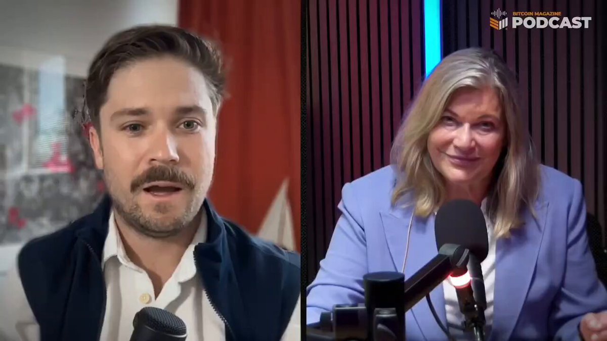 In the image, there are two men in front of a microphone, one wearing a blue suit while the other has a white shirt. The background is blurred but appears to be a room with an orange curtain. On the right side of the screen, there's a quote from a woman named Cynthia Lummis discussing the concept of Bitcoin and its impact on national debt. The image itself does not provide any information related to Bitcoin or the podcast topic being discussed by the individuals in front of the microphone.