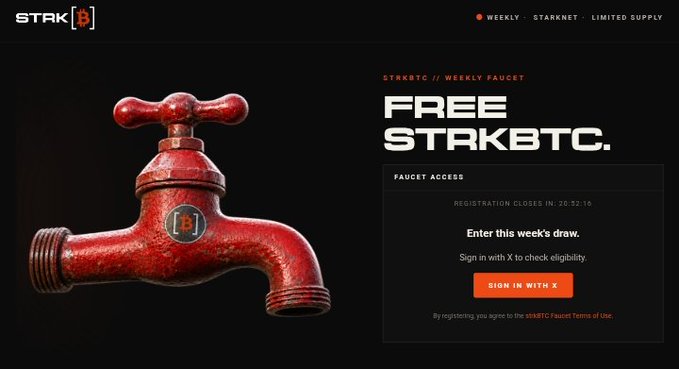 A promotional webpage for STAK[B] featuring a red faucet graphic alongside a "FREE STRKBTC" Weekly Faucet offer, inviting users to register for a Starknet strkBTC giveaway via X (Twitter) sign-in before the registration deadline of 20:52:10. The page includes an orange "Sign in with X" button to check eligibility, directly supporting the post's call-to-action about the free Starknet giveaway.