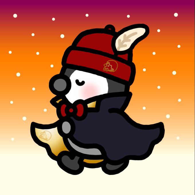 A cute cartoon character in a dark cloak and red beanie with a white feather, set against a snowy orange sunset background.