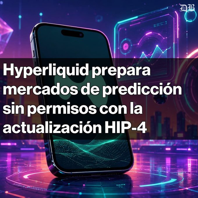 Digital promotional image with Spanish text reading 'Hyperliquid prepara mercados de predicción sin permisos con la actualización HIP-4', showing a smartphone displaying the Hyperliquid logo against a neon cityscape.