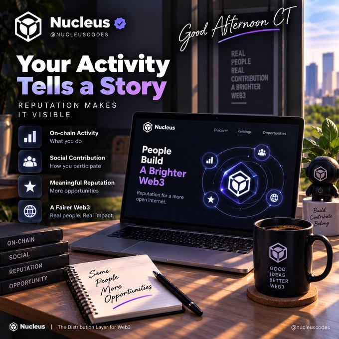 A promotional graphic for "Nucleus" (@nucleuscodes) features the text "Your Activity Tells a Story - Reputation Makes It Visible" and "Good Afternoon CT", alongside a laptop displaying "People Build A Brighter Web3" and various icons for On-chain Activity, Social Contribution, Meaningful Reputation, and A Fairer Web3.