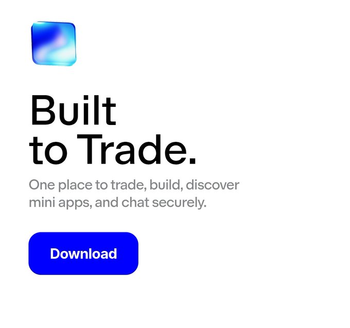 The image features a white background with blue text that says "BUILT TO TRADE." Below this, there's a button labeled " download " that invites users to download an app. The app description states "one place to trade, build, discover mini apps, and chat securely". It also mentions the presence of a finance app in one description. There are additional descriptions for the app itself, including references to banks being outdated and the application potentially yielding profits through various transactions such as sports betting or stock trading. The image seems to be promoting an app related to trading, with the focus on its features and benefits.