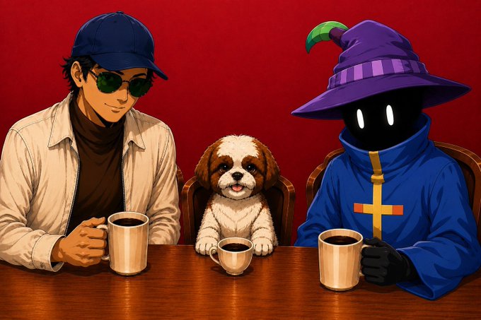 An anime-style illustration shows a man in a blue cap and sunglasses sitting at a table with a happy dog and a black-cloaked figure in a purple witch's hat, all enjoying cups of coffee.