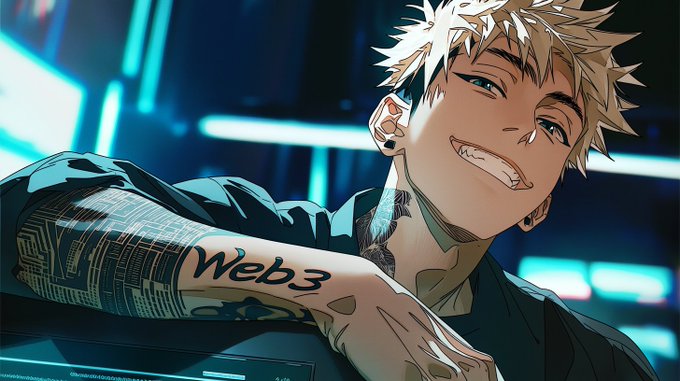 An anime-style illustration of a smiling young man with spiky blonde hair and a circuit board tattoo on his arm that reads 'Web3', set against a glowing neon background.