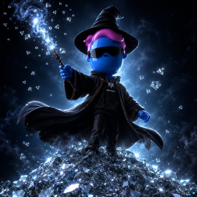 A digital artwork of a blue cartoon character dressed as a wizard in a black robe and hat, wielding a glowing magic wand on a pile of crystals.