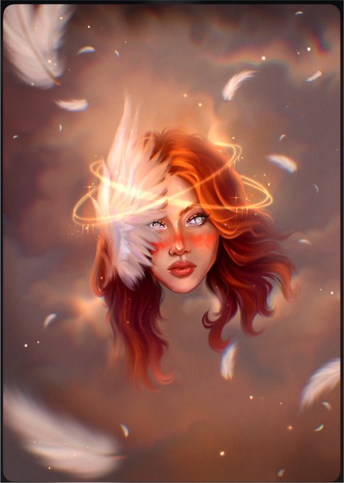 A fantasy digital artwork of a woman's floating face with flowing red hair, surrounded by a glowing halo and white feathers against a warm, golden-brown background.