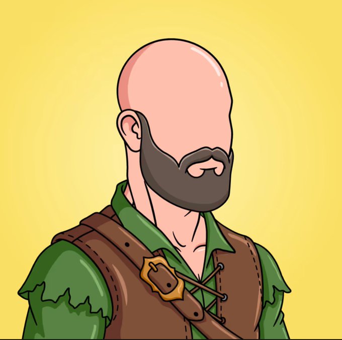 A cartoon illustration shows a bald, bearded man wearing a green tunic and brown vest with a leather strap and buckle, set against a yellow background. The faceless character serves as a placeholder avatar commonly used in NFT profile pictures, fitting the context of the post announcing a minted NFT collection with a free mint option and allocation details.