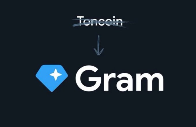Simple graphic showing 'Toncoin' crossed out with an arrow pointing down to the Telegram-based cryptocurrency 'Gram' logo.