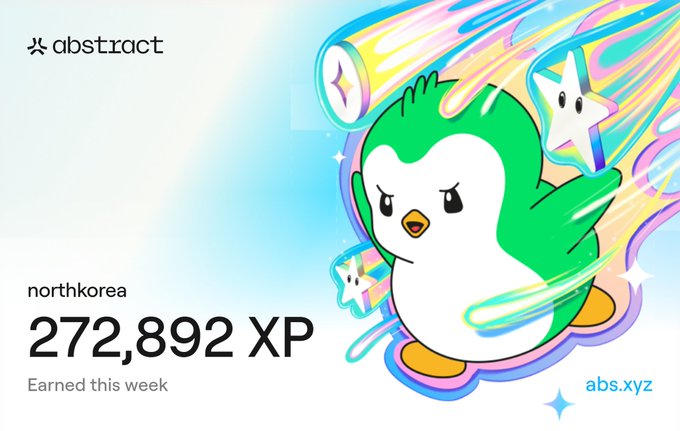 Abstract platform card showing 'northkorea' with 272,892 XP earned this week, featuring an angry penguin mascot with stars and the abs.xyz logo.