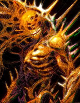 A dark, fiery digital artwork depicting a horned skeletal demon with glowing orange and yellow fibrous textures and sharp claws against a black background.