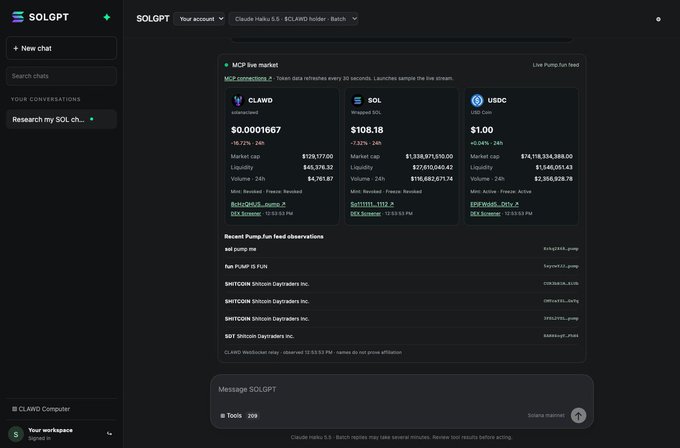 A screenshot of the SOLGPT platform showing the MCP live market data for CLAWD ($0.0001667), SOL ($108.18), and USDC ($1.00) along with a recent Pump.fun feed.