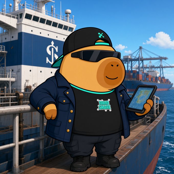 A cartoon bear character wearing a black cap, sunglasses, denim jacket, and a 'MINI SHARK' t-shirt holding a tablet on a dock with cargo ships in the background.