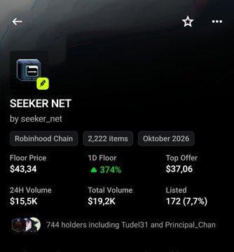 A screenshot from an NFT marketplace showing a collection called 'SEEKER NET' on the Robinhood Chain, with a floor price of $43.34, 24H volume of $15.5K, and 744 holders including Tudel31 and Principal_Chan.