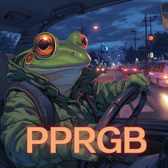 A stylized digital illustration of an anthropomorphic tree frog with large orange eyes, wearing a puffy jacket and driving a car through a neon-lit city street at night, with the text 'PPRRGB' overlaid in glowing letters.