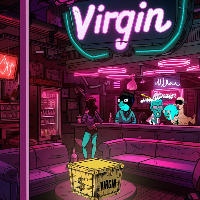 A neon-lit illustration of a bar or lounge with a large "Virgin" sign, featuring various cartoon-style characters at the counter and a yellow crate labeled "VIRGIN" in the foreground.